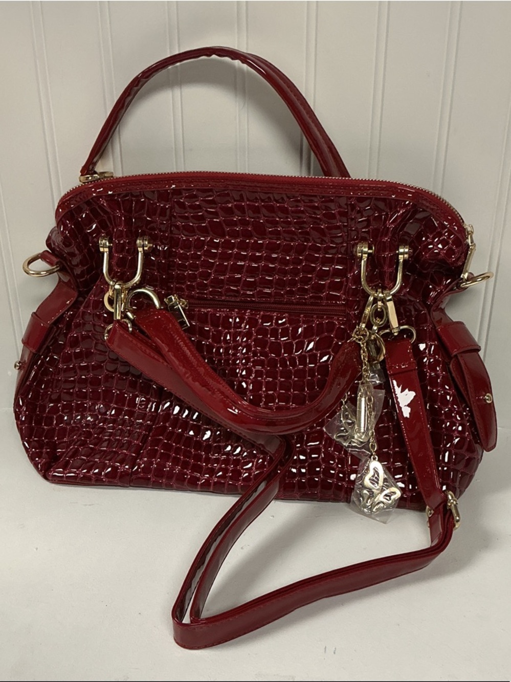 Patent Croc-Embossed Satchel Handbag in Cherry Red
